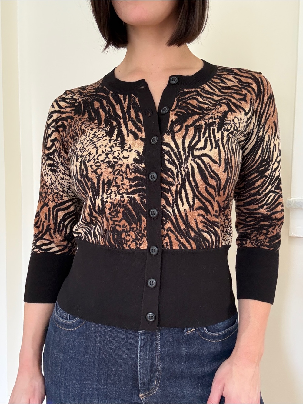 Vintage 90s Valerie Bertinelli Black Animal Print 3/4 Sleeve Cardigan L